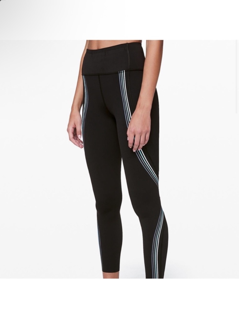 lululemon Athletica Light Blue White Stripe Accent Yoga Black Leggings Size 4
